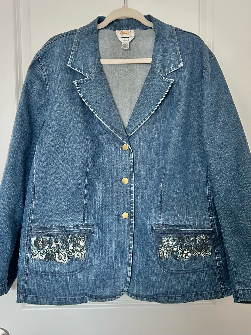 Talbots Denim Blazer Womens 18W Blue Button Front Custom Pockets Stretch Casual